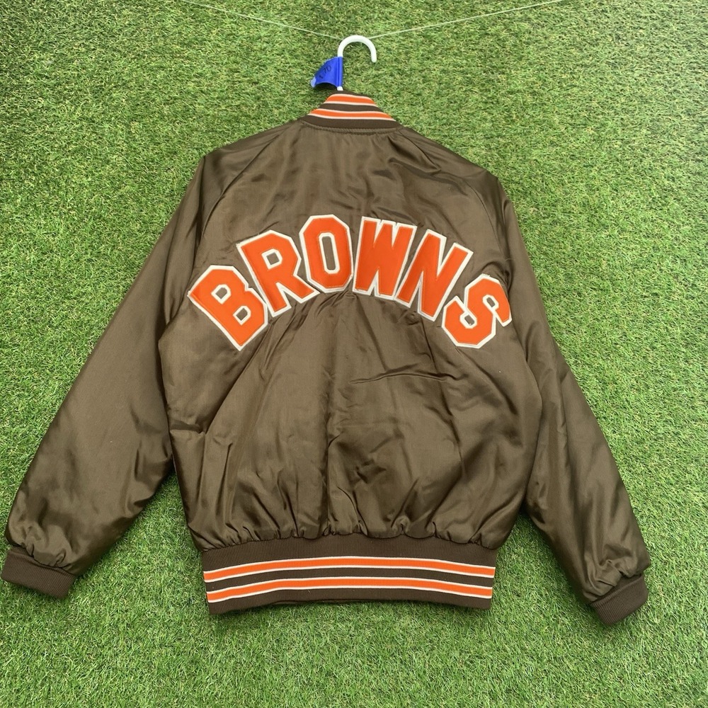 Vintage Cleveland Browns Satin Jacket Mens Medium 90s Spellout NFL Snap Close